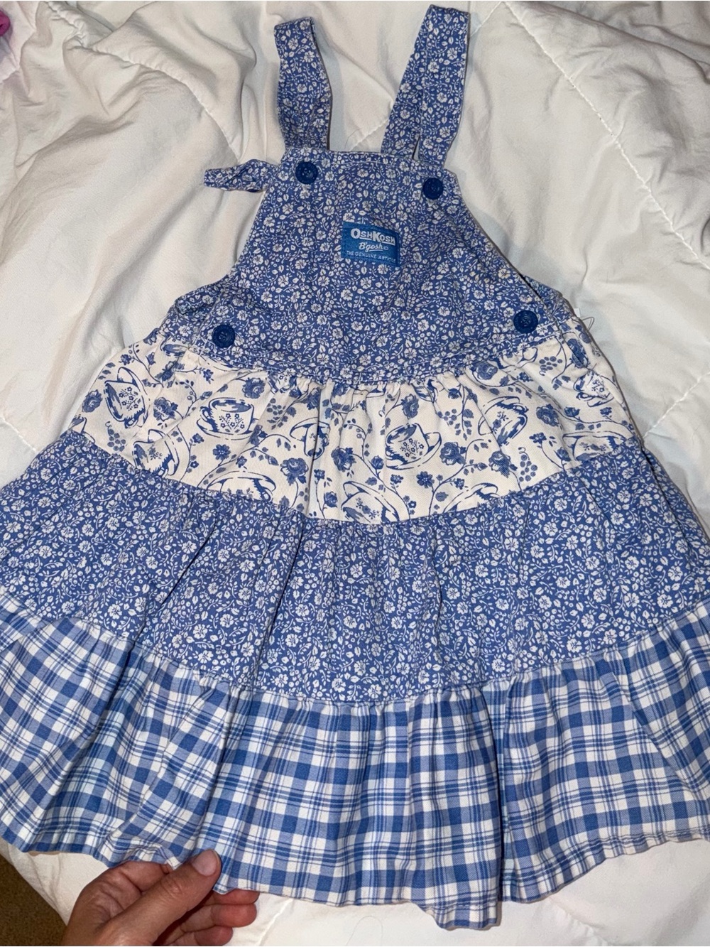 Oshkosh vintage 90s blue and white tiered floral teacup jumper dress. Size 4